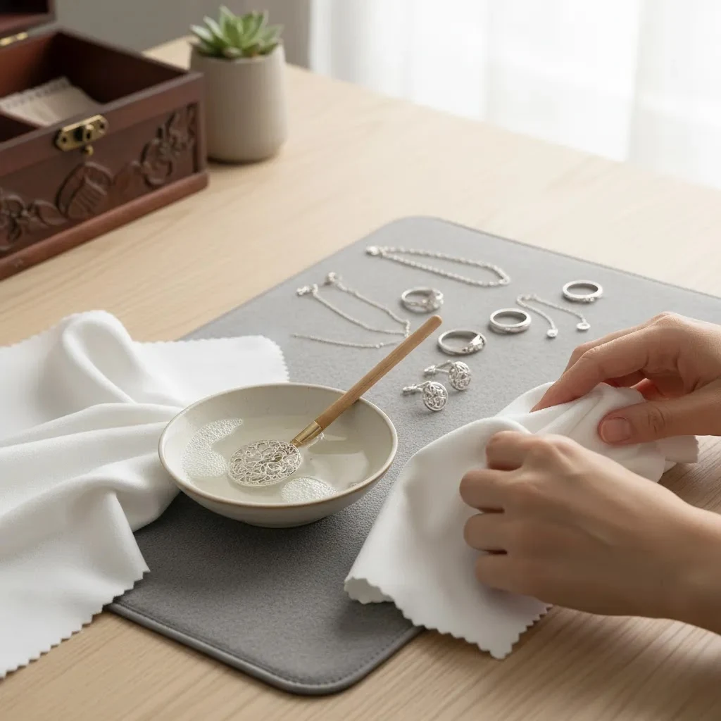 925 silver maintenance routine with safe cleaning tools for sterling silver rings, earrings, and chains