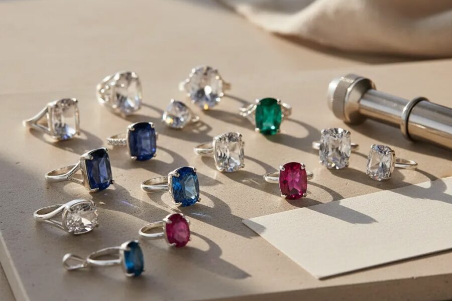 925 sterling silver gemstone jewelry wholesale quality standards with polished silver gemstone rings, pendants, and earrings in a premium inspection setup