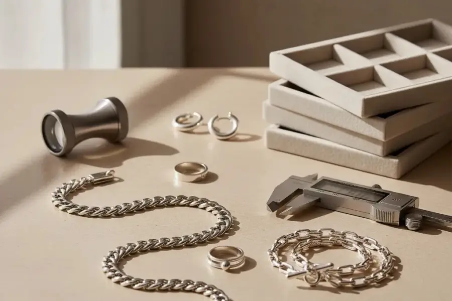 925 sterling silver jewelry guide hero image with premium silver rings, bracelet, necklace, and quality inspection tools