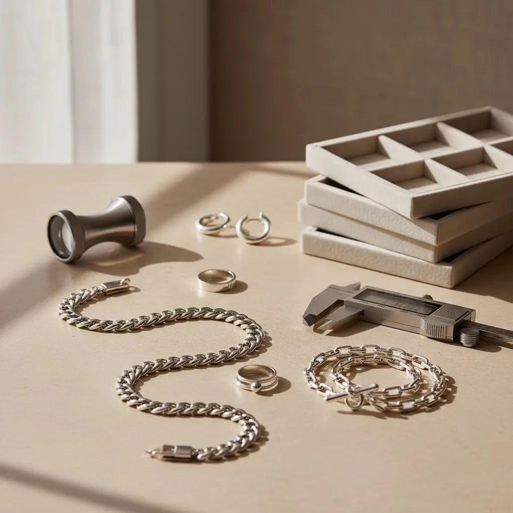 925 sterling silver jewelry guide hero image with premium silver rings, bracelet, necklace, and quality inspection tools