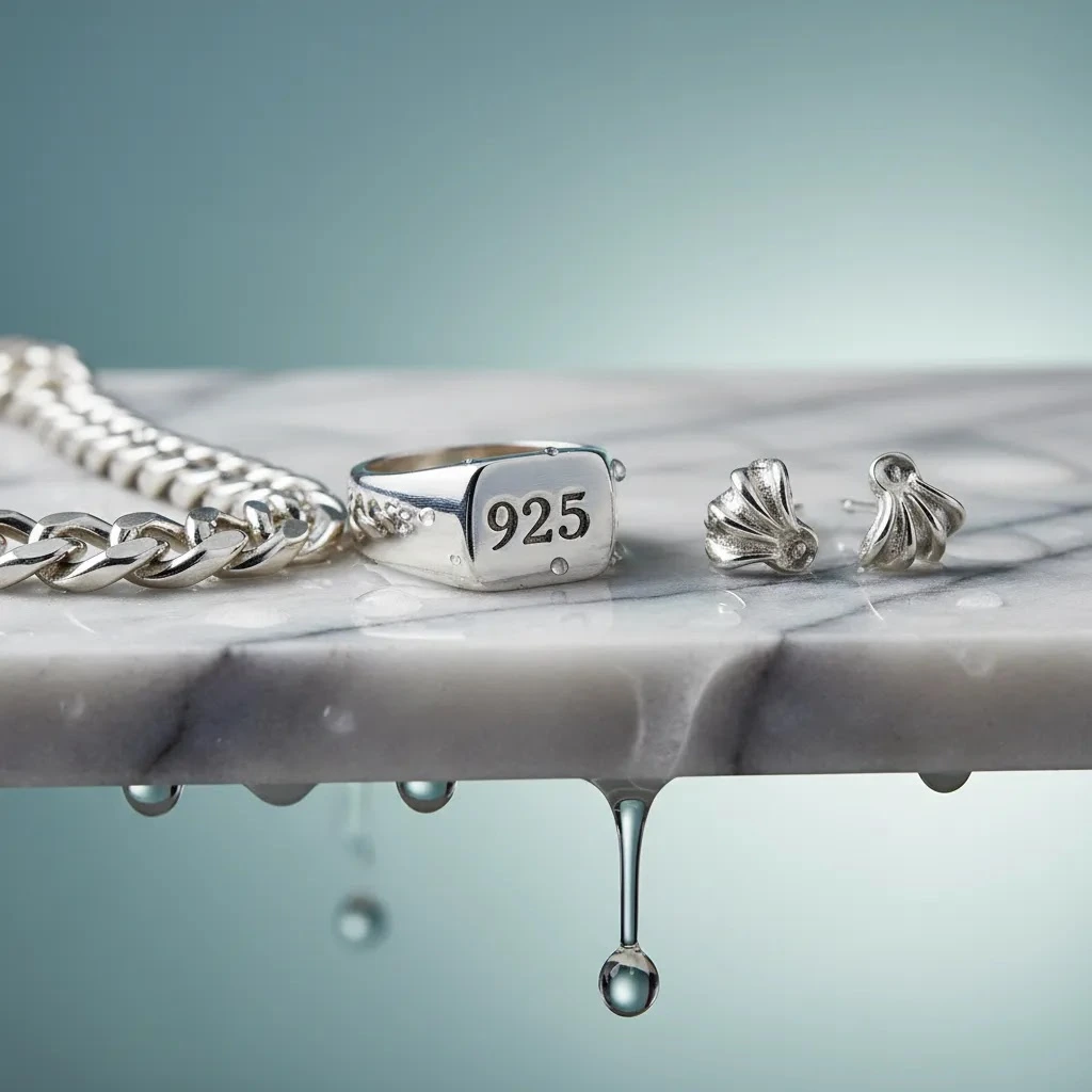 925 sterling silver in water close-up showing how water exposure affects silver jewelry surfaces