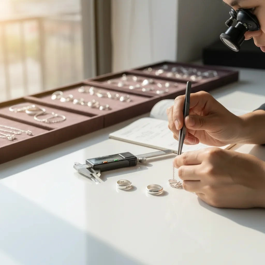 925 sterling silver quality control inspection with rings, chain components, and professional jewelry verification tools