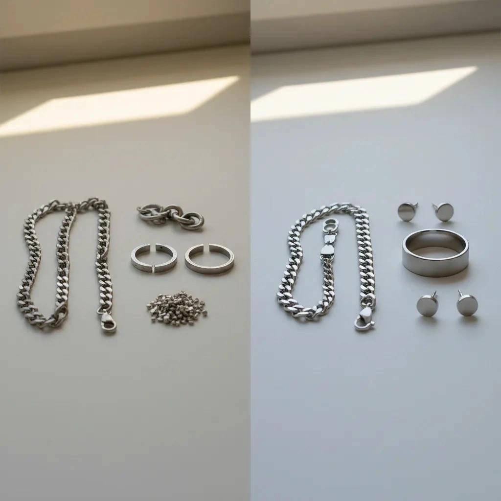 925 sterling silver vs stainless steel components and finished jewelry showing key material differences