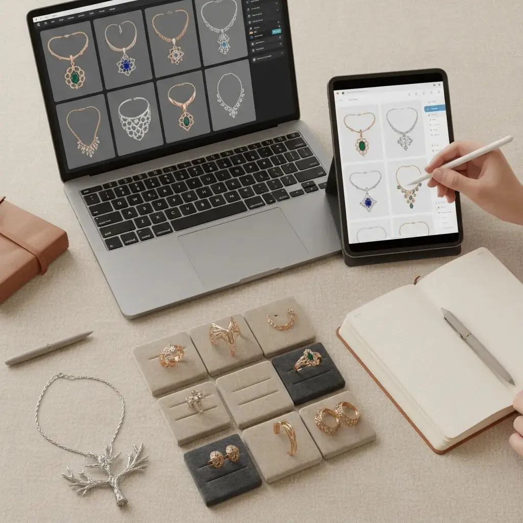 buy 3d jewelry files in a digital showroom review setting with model variations and sample jewelry pieces