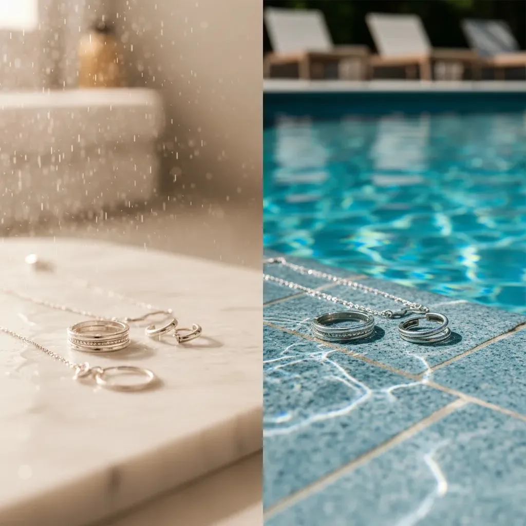 Can you shower with sterling silver comparison image showing sterling silver jewelry near shower moisture and swimming pool water