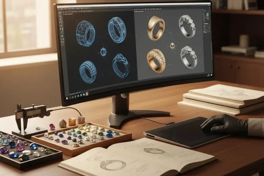 Cost of 3D model for jewelry shown in a premium studio workspace with CAD renders, sketches, and production planning tools