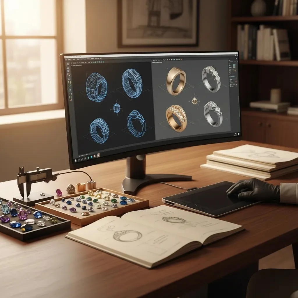 Cost of 3D model for jewelry shown in a premium studio workspace with CAD renders, sketches, and production planning tools