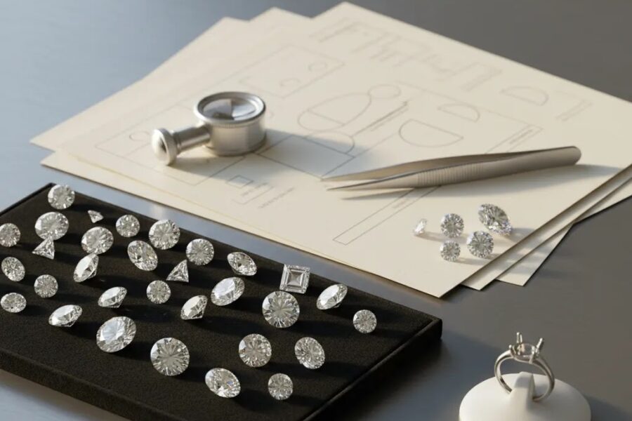 Diamond dealers guide hero image showing loose diamonds, grading paperwork, and jewelry sourcing tools for evaluating reliable diamond suppliers