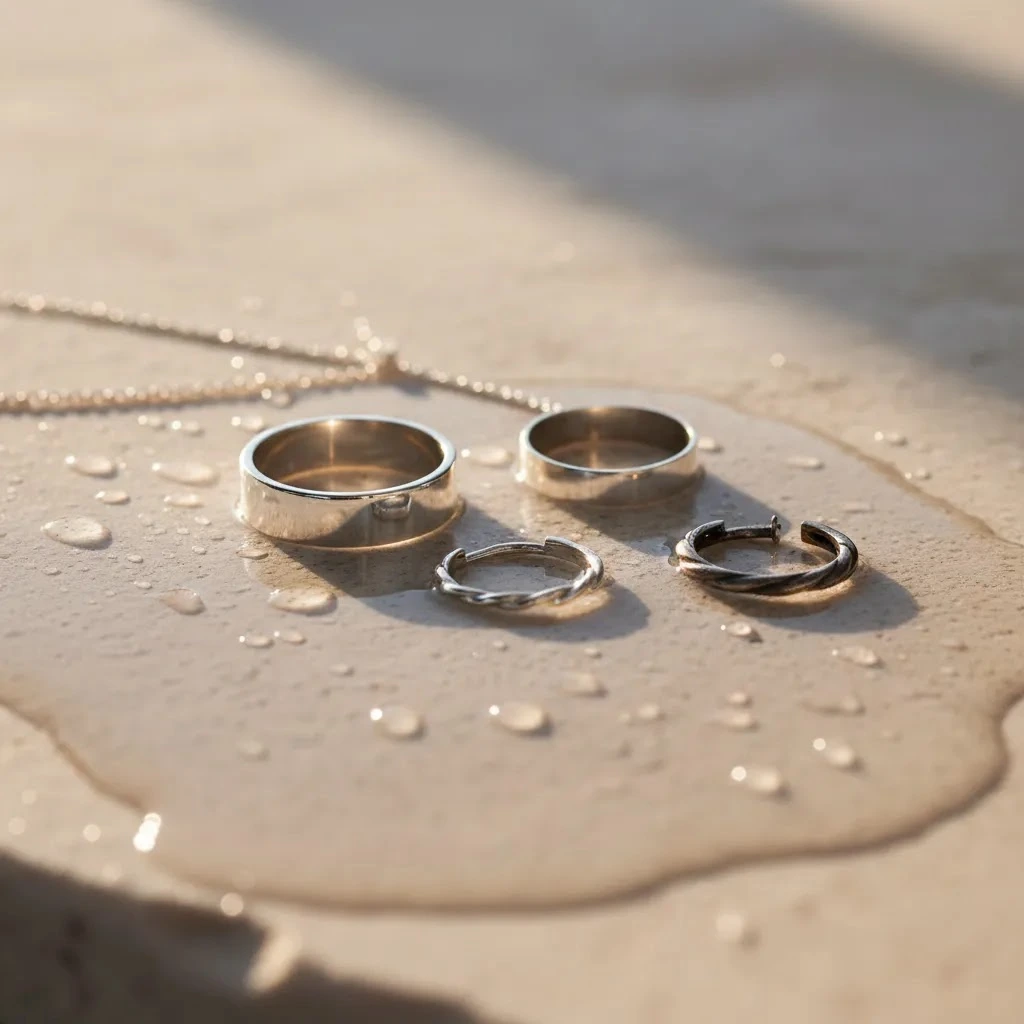 Does 925 sterling silver tarnish in water guide image showing sterling silver jewelry beside water with polished and slightly tarnished surfaces