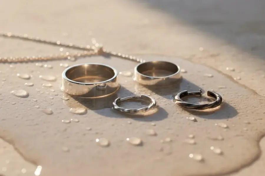 Does 925 sterling silver tarnish in water guide image showing sterling silver jewelry beside water with polished and slightly tarnished surfaces