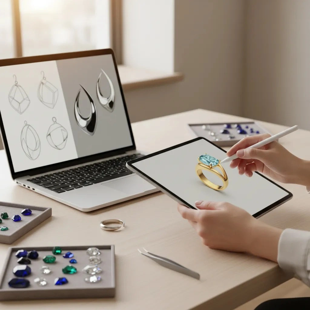 free online jewelry design process with tablet-based 3D ring concept testing in a professional studio