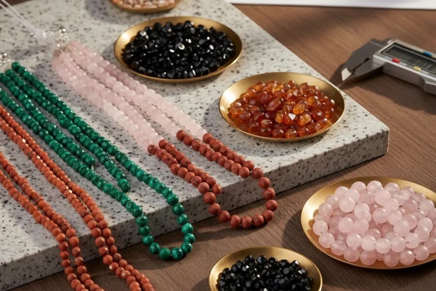 Gem beads wholesale editorial display of natural stone beads for jewelry making and B2B sourcing