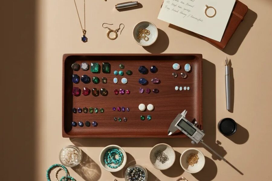 Gemstone store business planning workspace with loose gems, beads, jewelry samples, and quality control tools