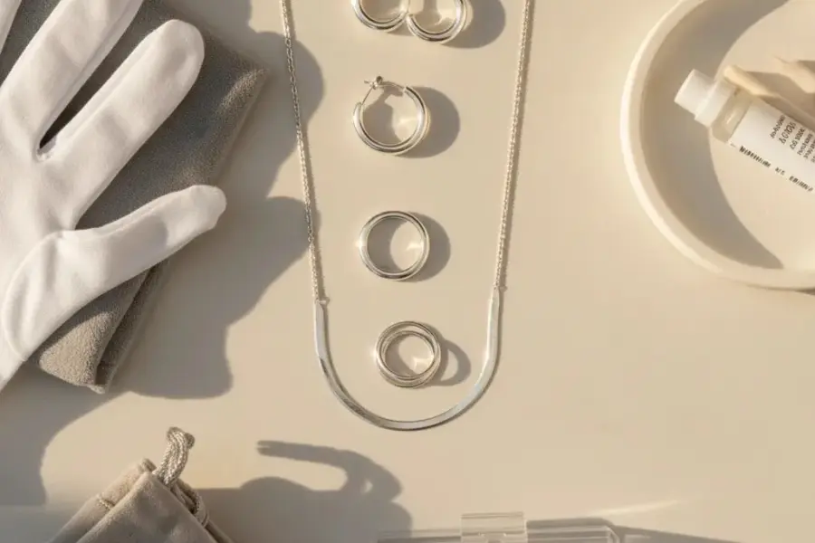 How to care for sterling silver with 925 silver jewelry, polishing cloth, and storage tools in a premium professional care setup