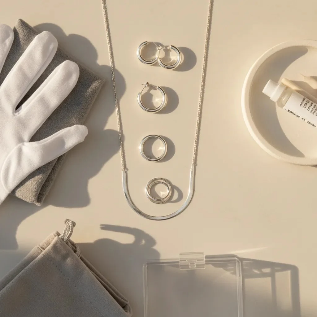 How to care for sterling silver with 925 silver jewelry, polishing cloth, and storage tools in a premium professional care setup