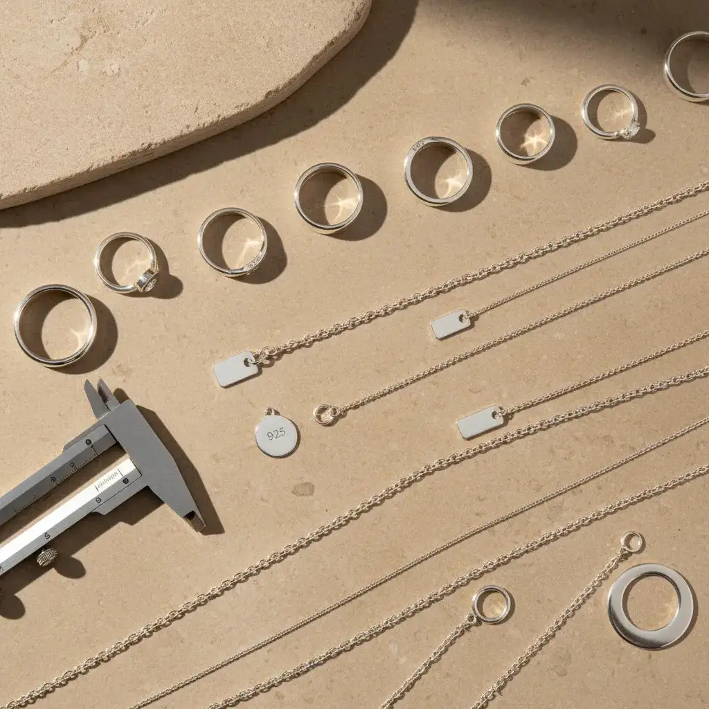 Is 925 sterling silver real guide hero image showing authentic sterling silver jewelry with visible 925 hallmarks and quality inspection tools