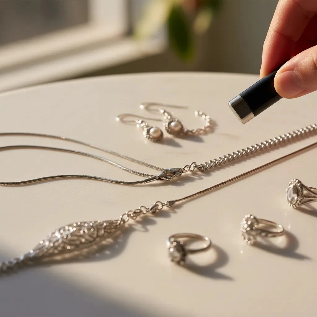 Is silver magnetic guide hero image showing silver chains, magnet, and jewelry authenticity testing tools
