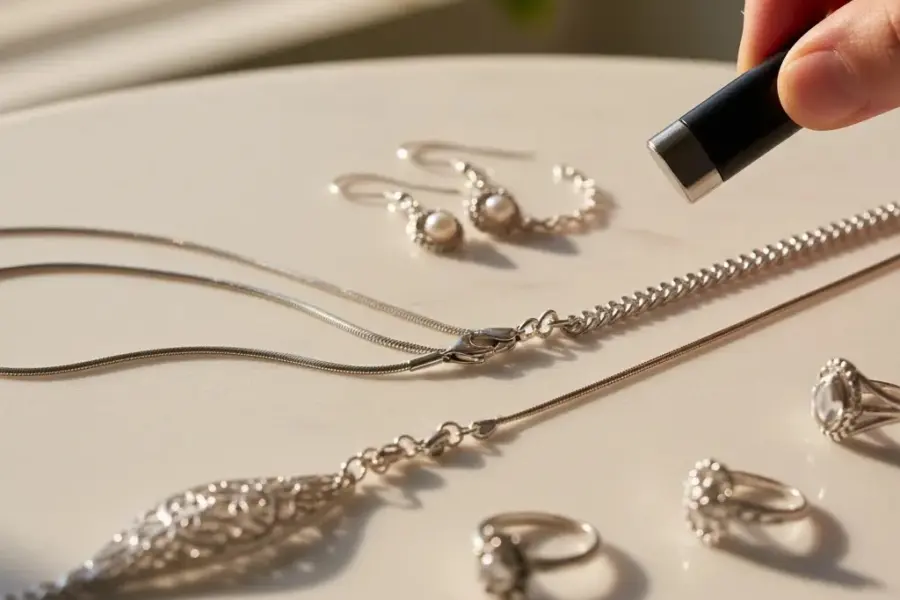 Is silver magnetic guide hero image showing silver chains, magnet, and jewelry authenticity testing tools