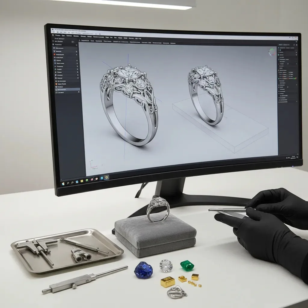 jewelry design training scene showing CAD review and production-ready prototype