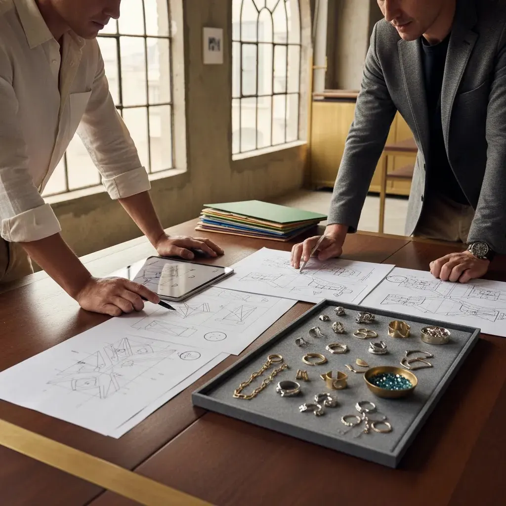 jewelry modeling positions collaboration scene with CAD review, cast samples, and manufacturing workflow
