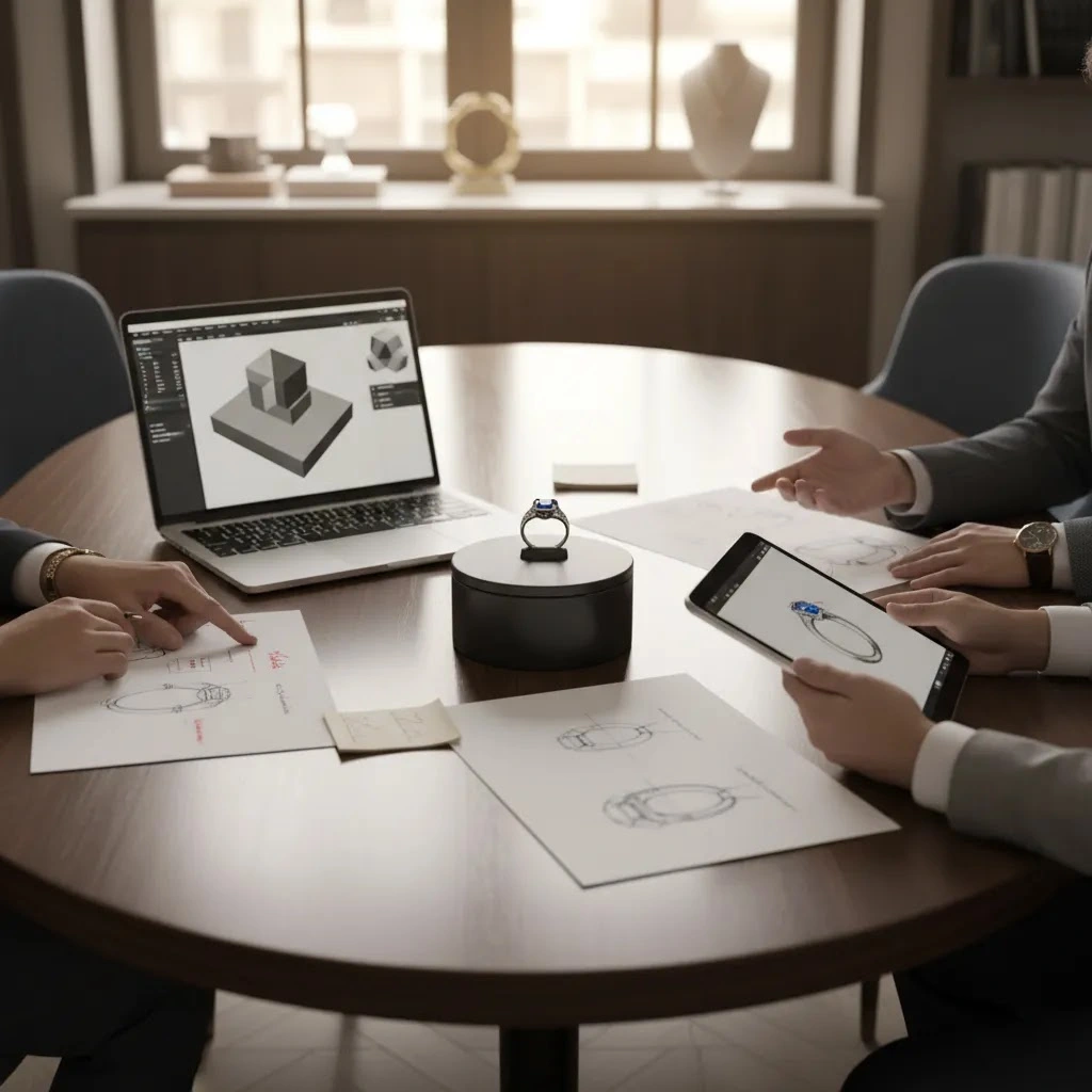 online design trial for jewelry collaboration with team review of 3D models sketches and prototype