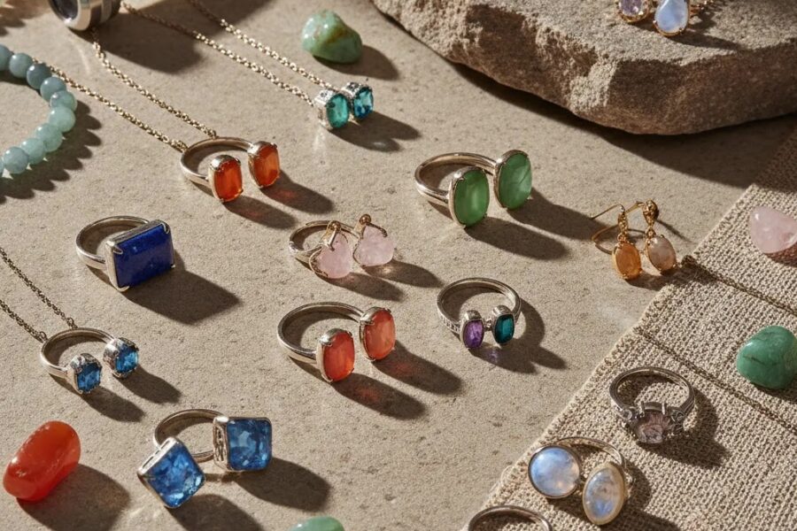 Real gemstone jewelry arranged in a premium editorial flat lay with natural stone pieces for wholesale sourcing