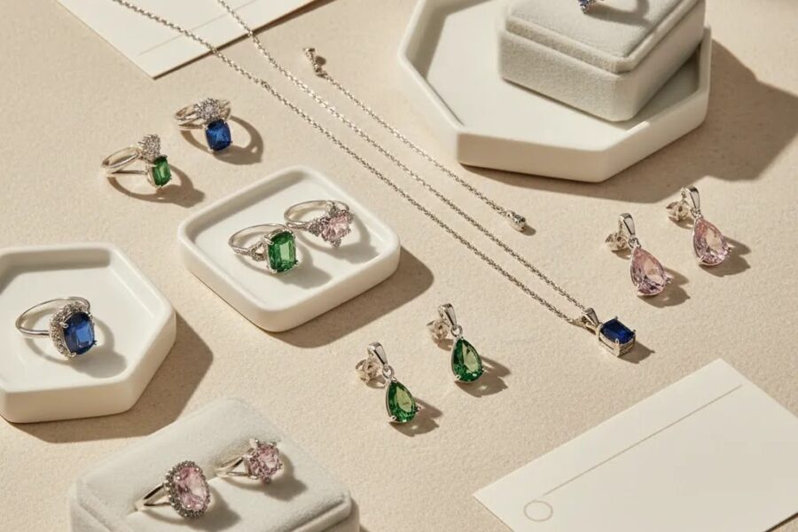Silver gemstone jewelry collection styled for wholesale assortment planning and private label jewelry development