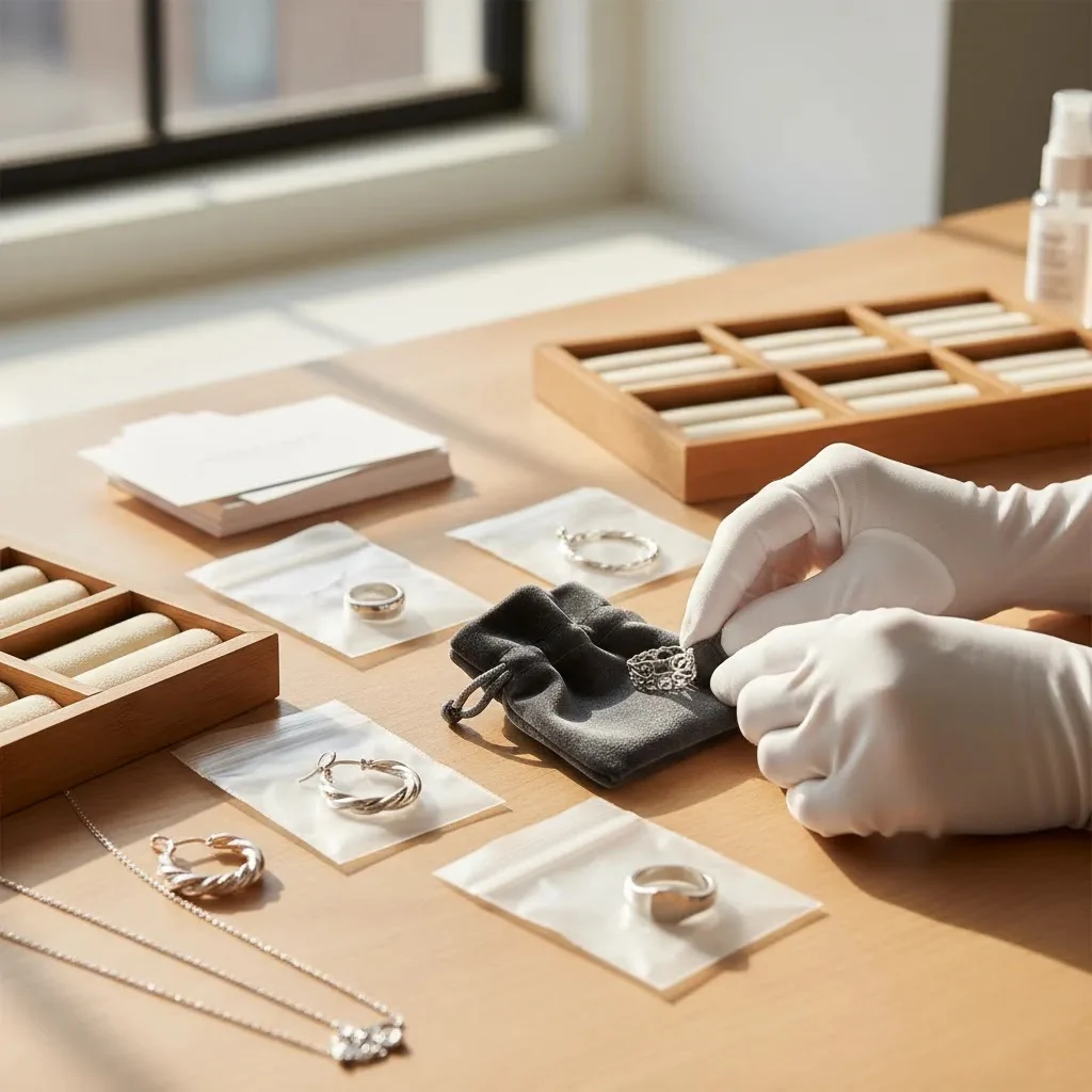 Silver jewelry care with proper storage, handling, and anti-tarnish organization for 925 sterling silver inventory