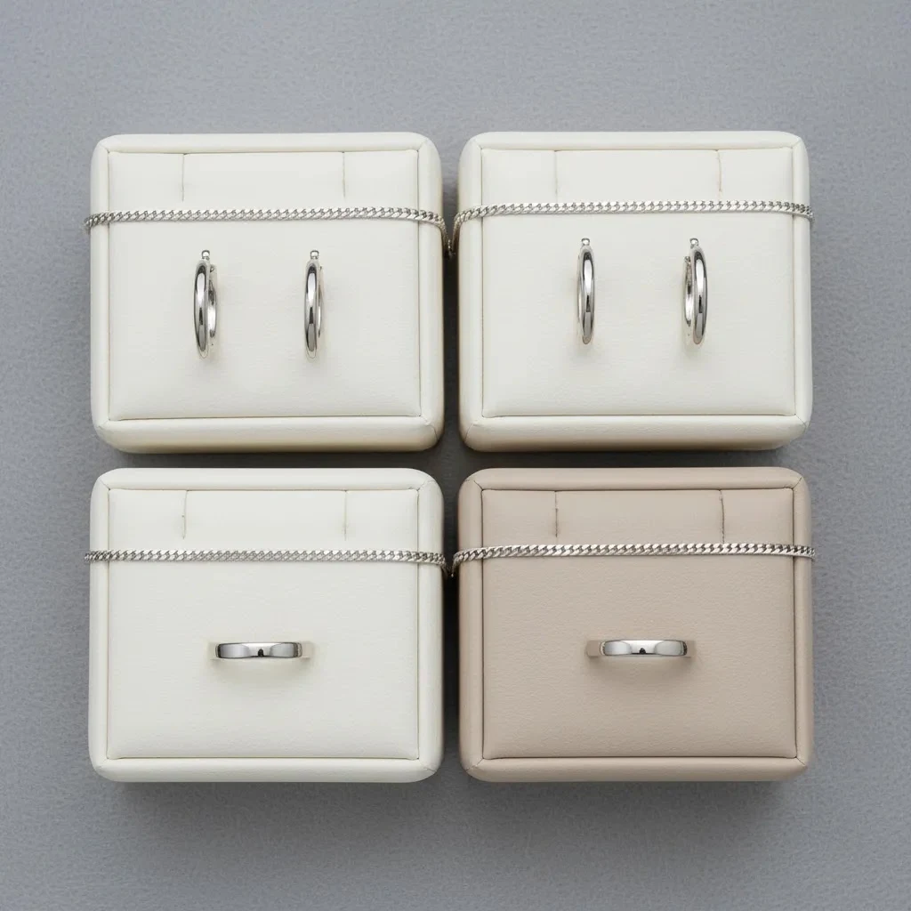 Silver vs white gold merchandising flat lay showing chain earrings and ring in matching styles