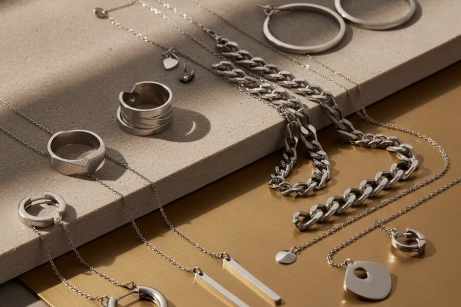 Stainless steel designer jewelry in a premium editorial flat lay featuring polished rings, bracelets, earrings, and pendants