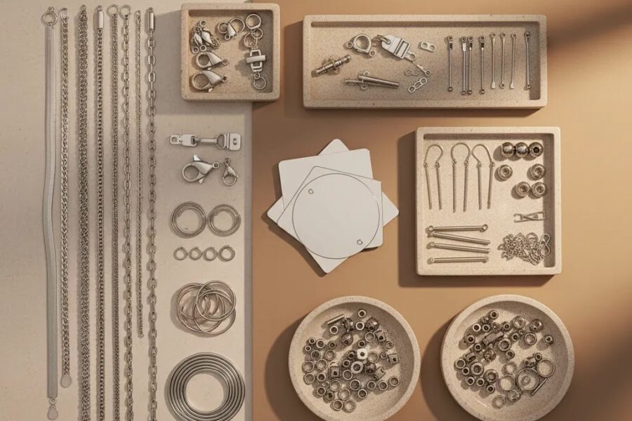 Stainless steel jewelry making supplies arranged in a premium flat lay with chains, clasps, findings, blanks, and beads for jewelry making
