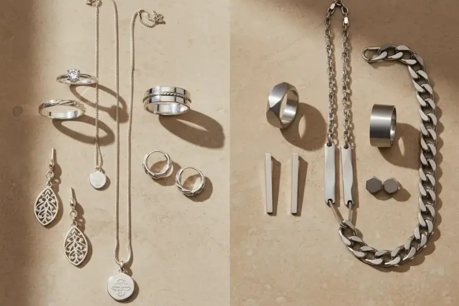 Sterling silver vs stainless steel jewelry comparison with side-by-side premium pieces for material selection