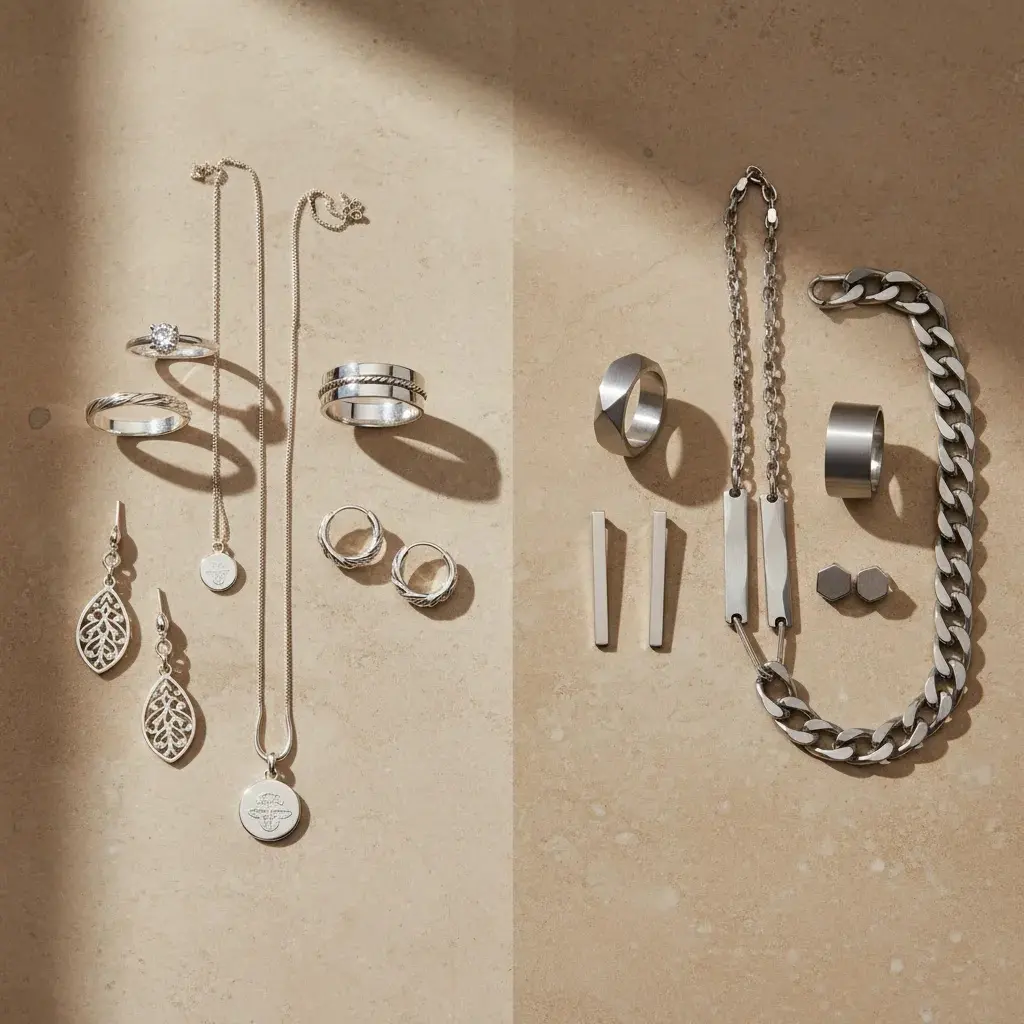 Sterling silver vs stainless steel jewelry comparison with side-by-side premium pieces for material selection