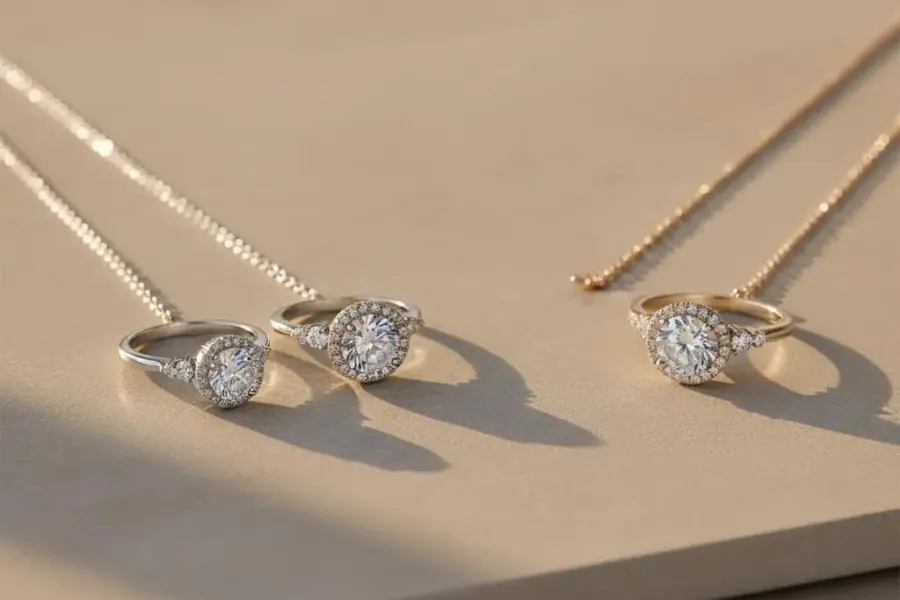 Sterling silver vs white gold jewelry comparison with premium side by side necklace and ring sets