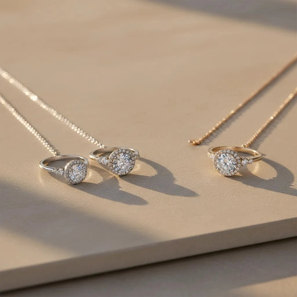 Sterling silver vs white gold jewelry comparison with premium side by side necklace and ring sets