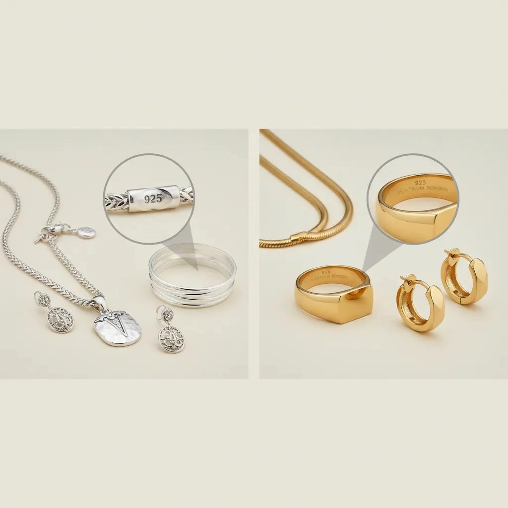 What does 925 mean on gold jewelry shown with gold-tone sterling silver pieces and hallmark detail