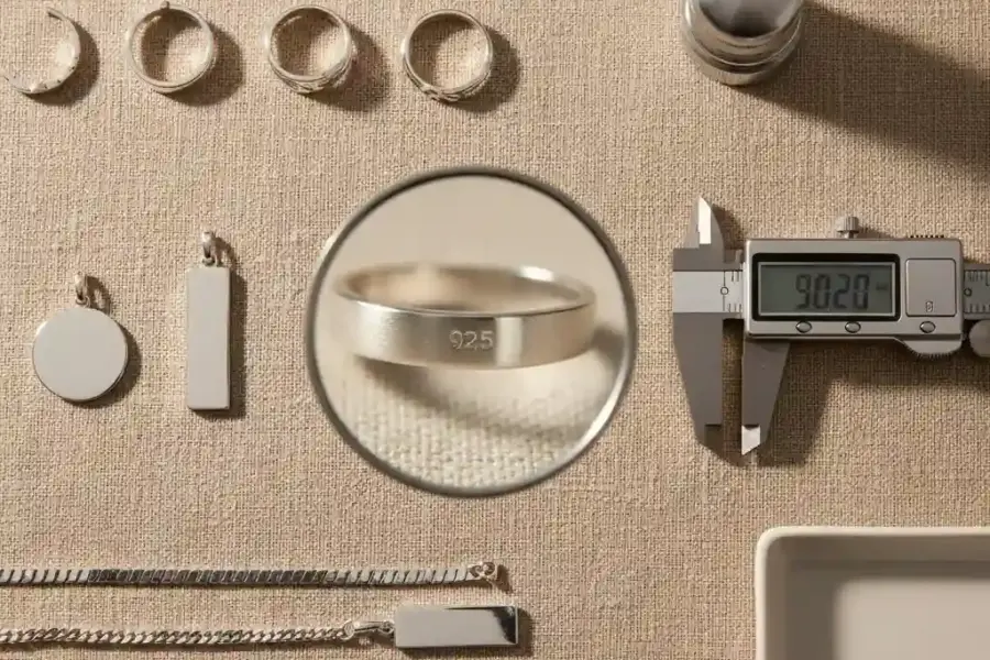 What does 925 mean on jewelry shown with sterling silver pieces and a visible 925 hallmark for supplier verification