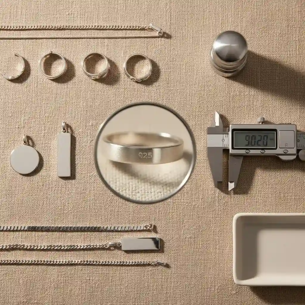 What does 925 mean on jewelry shown with sterling silver pieces and a visible 925 hallmark for supplier verification