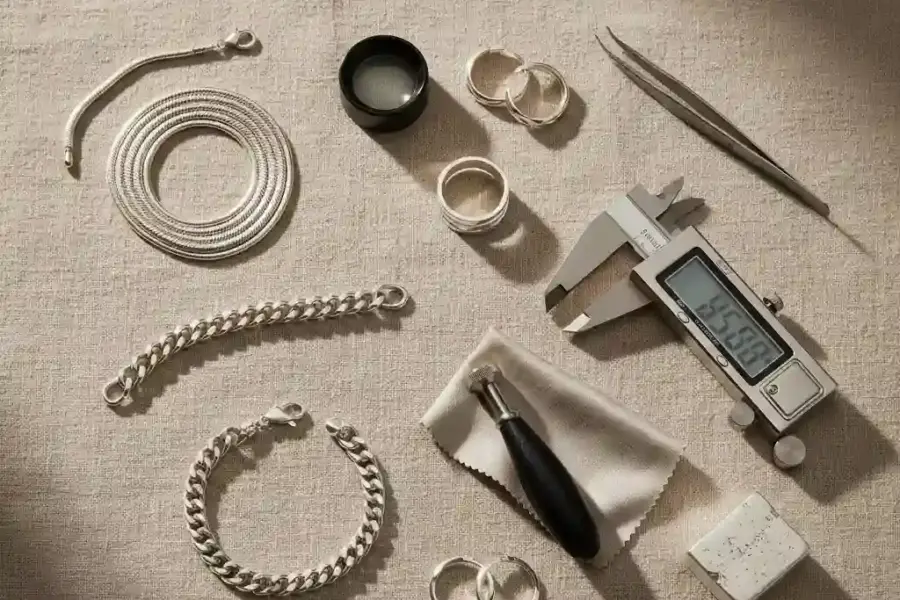 What is 925 sterling silver guide hero image with premium silver jewelry and quality inspection tools