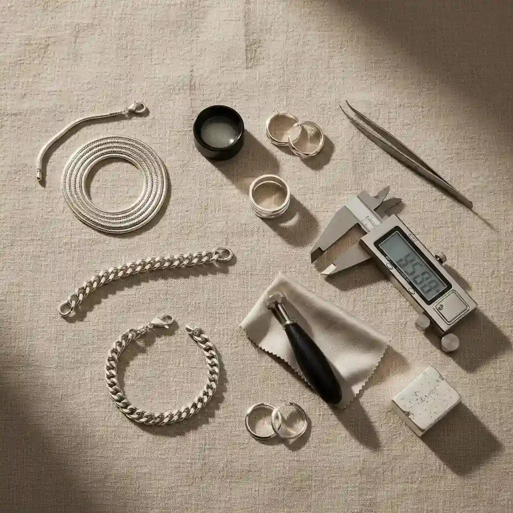 What is 925 sterling silver guide hero image with premium silver jewelry and quality inspection tools