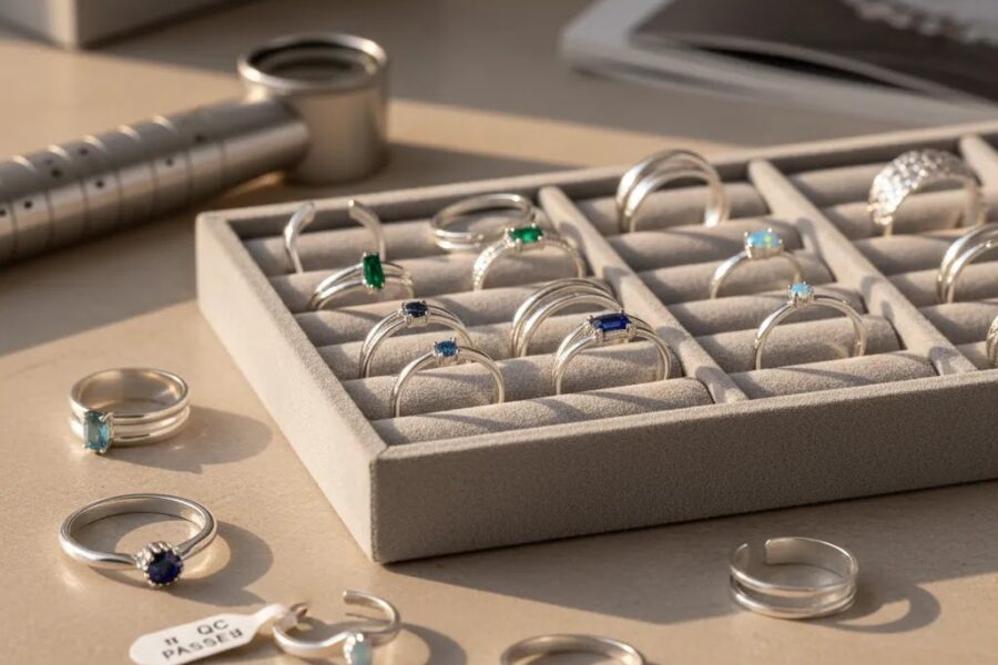 Wholesale 925 silver rings displayed in a premium sourcing and quality control setup