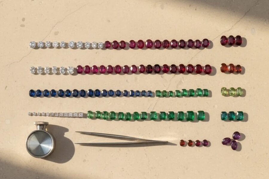 Wholesale gems arranged for professional quality grading and sourcing evaluation in a jewelry business setting