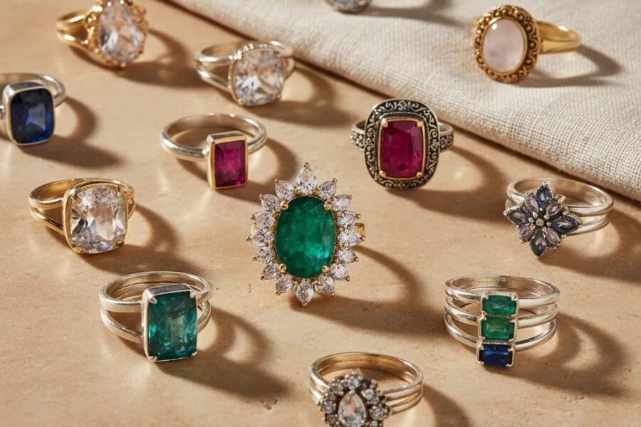 Wholesale gemstone rings assortment in premium editorial flat lay for B2B jewelry sourcing guide