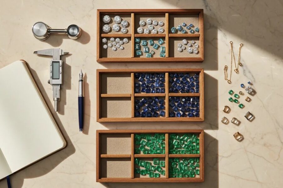 Wholesale gemstone suppliers evaluation scene with sorted loose gemstones and jewelry sourcing tools