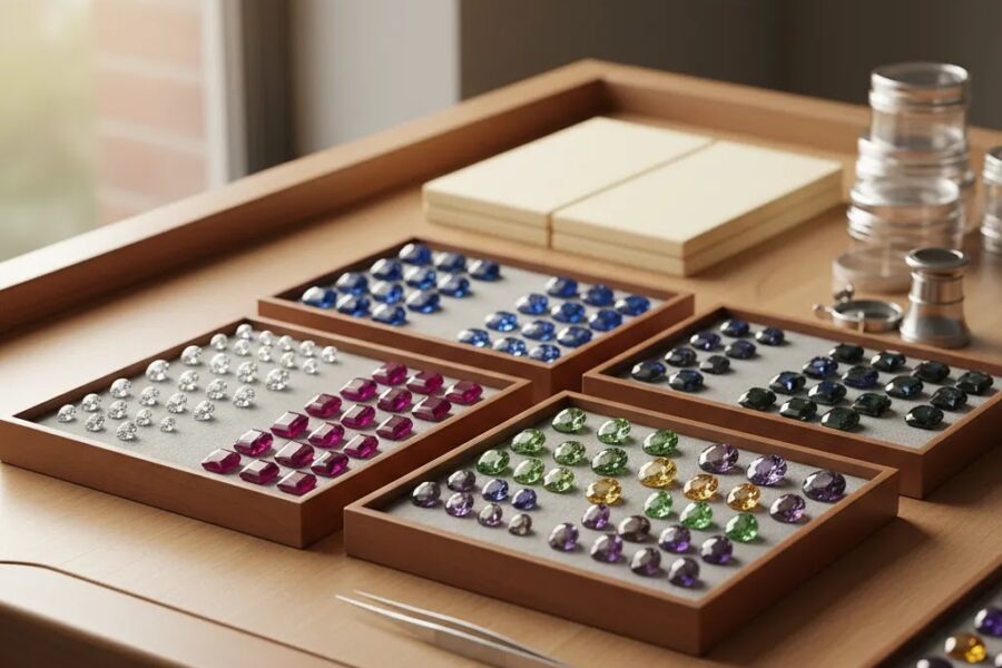 Wholesale gemstones arranged in sorted trays for bulk stone sourcing in a professional jewelry production setting