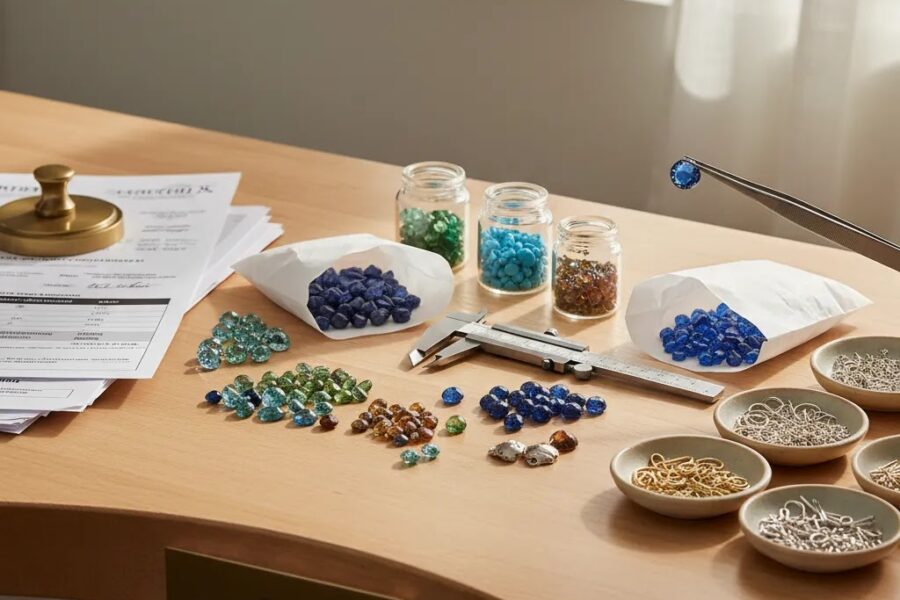 Wholesale jewelry supplies USA editorial scene with domestic gemstone sourcing tools, loose gems, and quality control setup