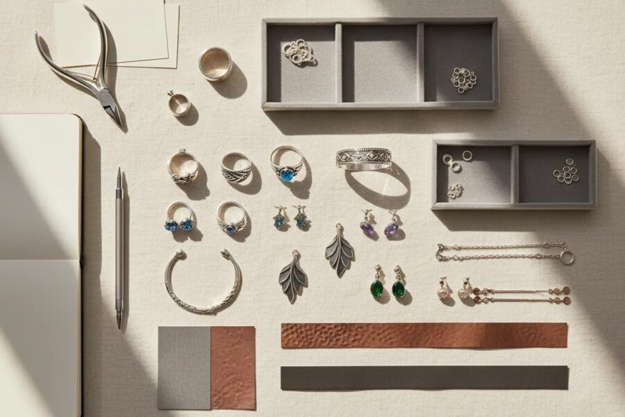 Wholesale silver jewelry sourcing guide hero image with sterling silver rings, bracelets, earrings, and gemstone jewelry arranged in a premium B2B buying layout