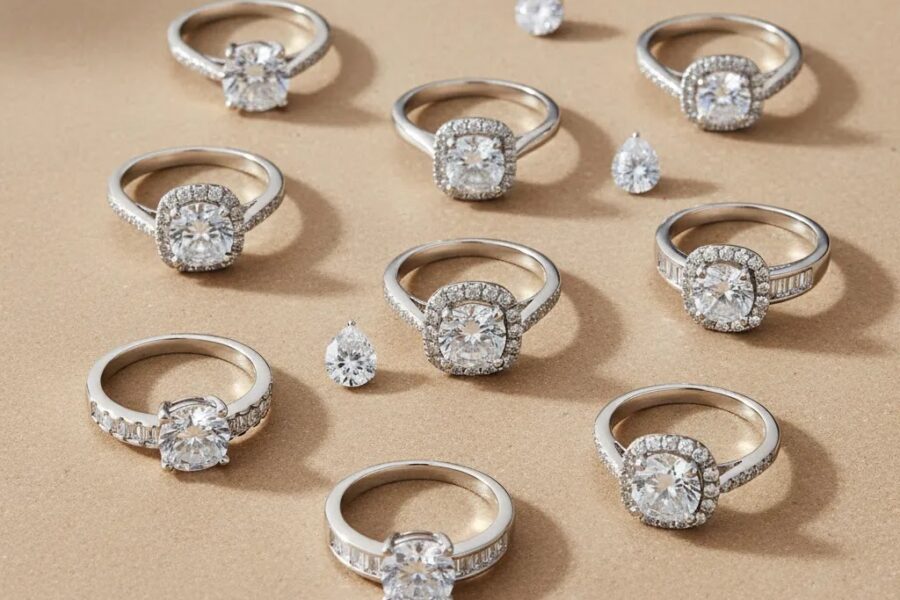 Wholesale sterling silver CZ rings displayed in a premium editorial flat lay showing polished 925 silver finishes and consistent cubic zirconia settings