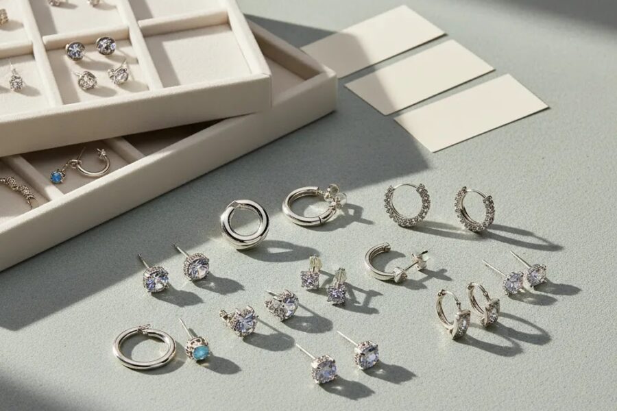 Wholesale sterling silver earrings assortment for supplier guide with 925 silver studs hoops and crystal styles