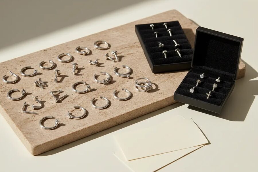 Wholesale sterling silver nose rings arranged in a premium editorial flat lay for a B2B supplier guide